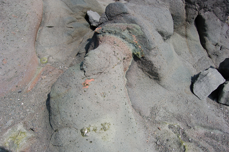 Andesita masiva. Abajo se observan vesículas con epidota y calcita (blanca). El borde podría corresponder (?) a albita rosa (albitización) como se observa en otras secuencias volcánicas del Norte de Chile.