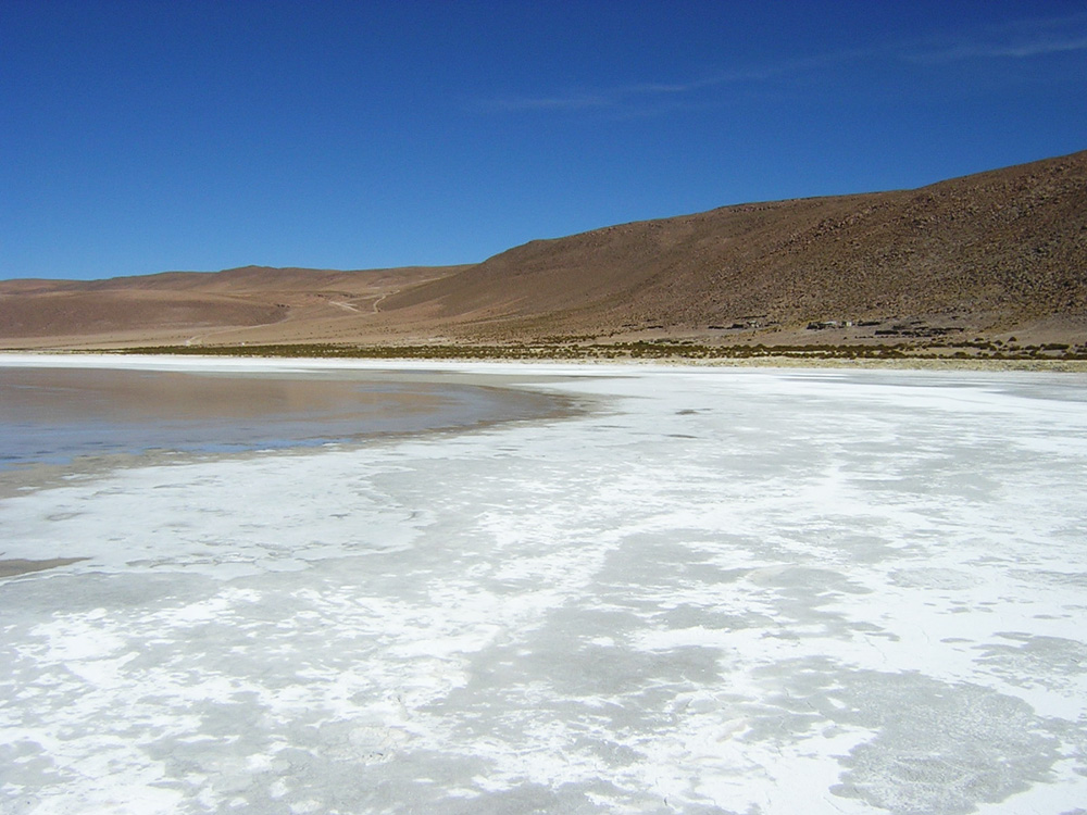 Edge of the salt flats with the sheet of water and salts. In the background the Huasco Ignimbrite.